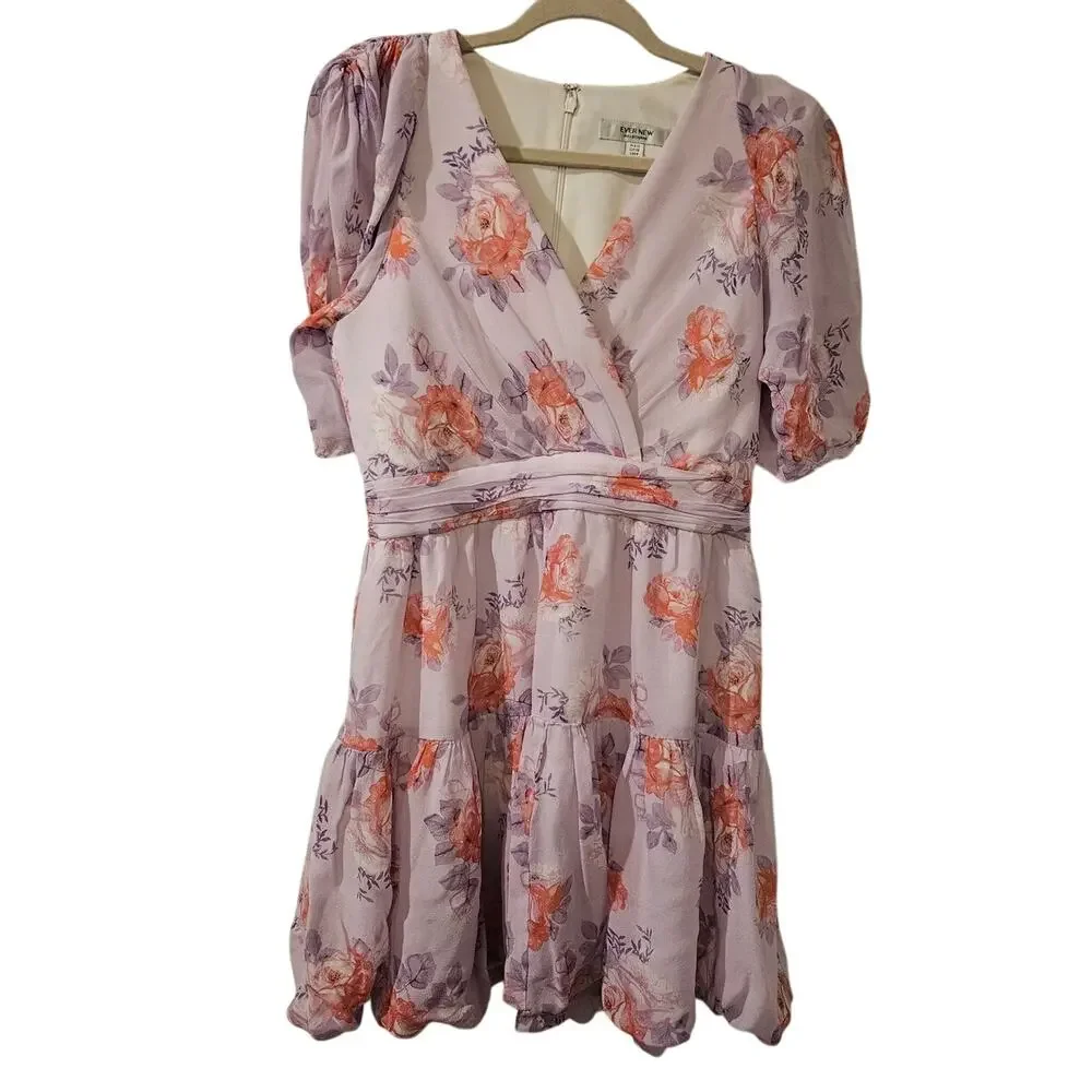 Ever New Lavender Floral Mini Dress 6‎ Romantic Flutter Sleeve Tiered Lined Boho